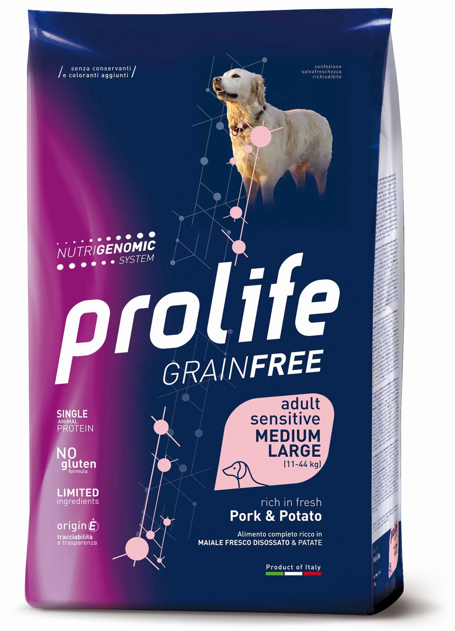 Prolife Grain Free Sensitive cane medio grande 10kg con maiale e patate, crocchette monoproteiche senza cereali Prolife Grain Free Sensitive cane medio grande 10kg con maiale e patate, crocchette monoproteiche senza cereali